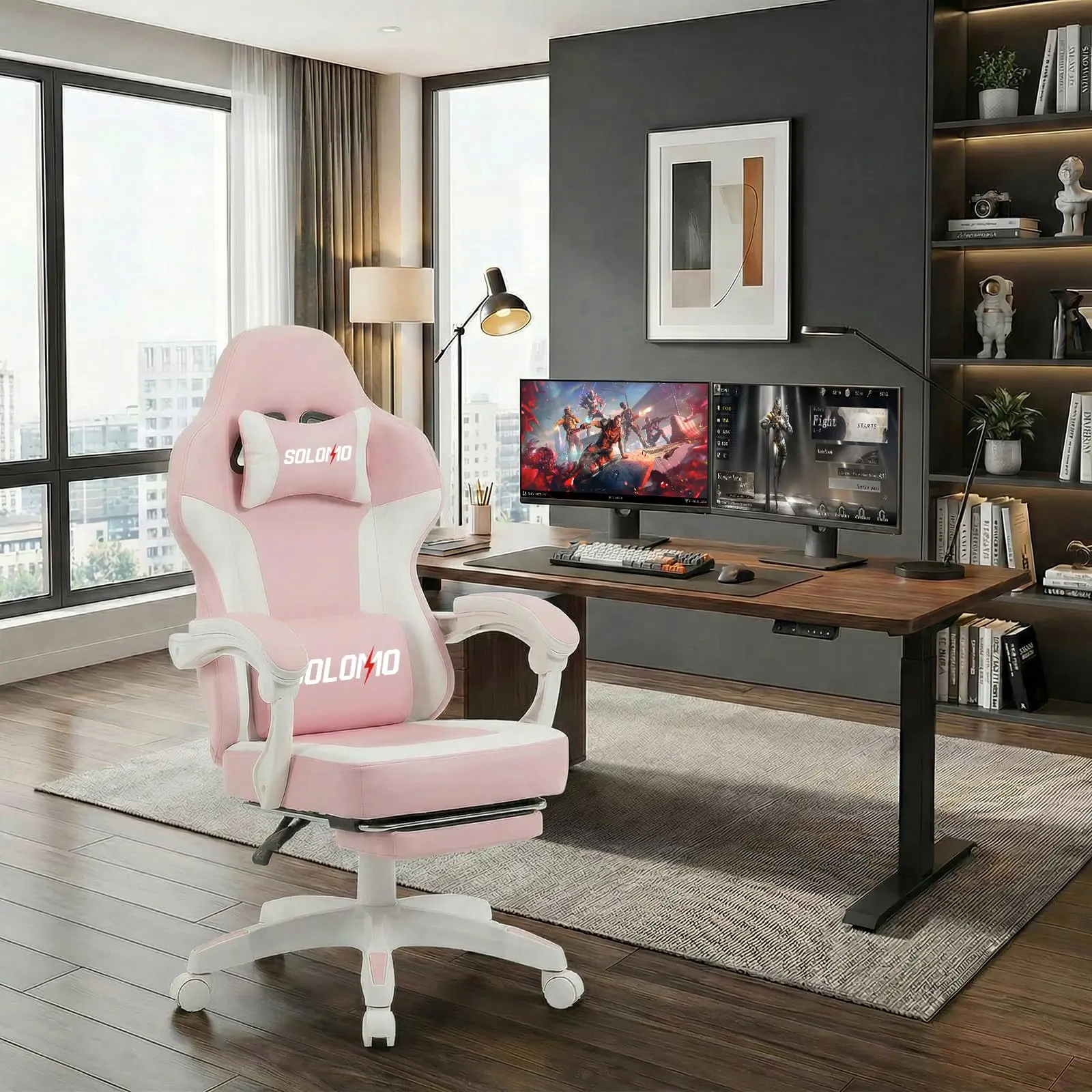 Gaming Chair with Footrest, Video Game Chair with Headrest and Lumbar Support, Linkage Armrest, High Back Reclining, Height Adjustable Game Chair for Adults