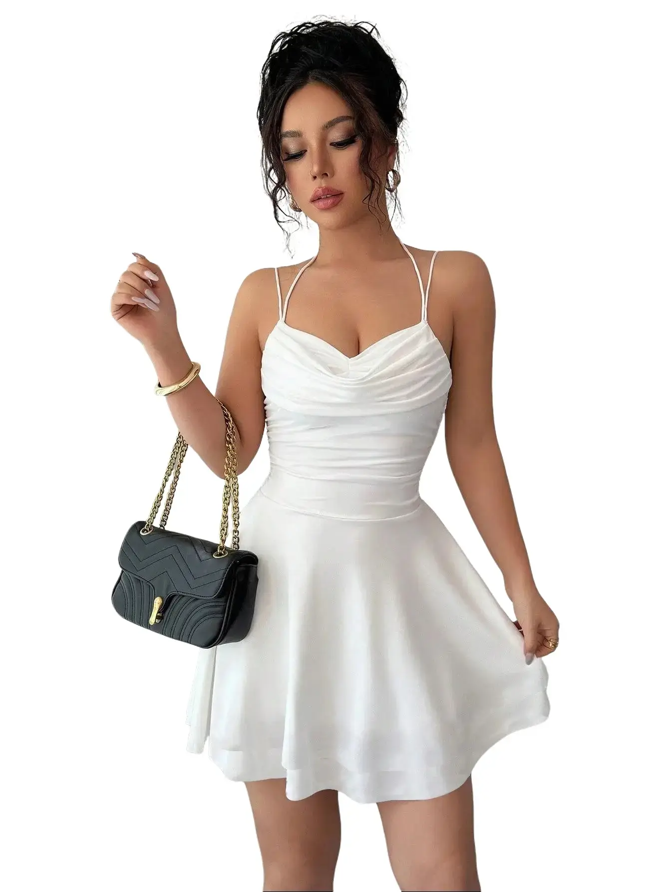 French Style Ruched Slim Fit Dress, Solid Backless Elegant Party Dress, Women Formal Outfit for Graduation & Evening Events