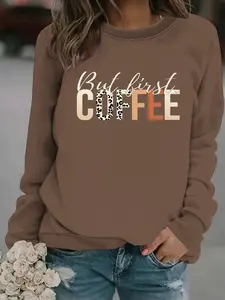 Women's Casual Coffee Print Pullover Sweater, Soft Long Sleeve Round Neck Sweatshirt, All-Season Comfortable Daily Wear