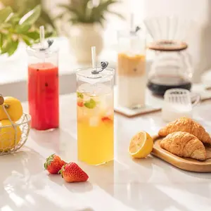 8 Pack 500ml Clear Square Glass Cups With Lids Straight Straws Brushes Large Capacity Home Office Eco Friendly Drinkware Daily Drinking Quality Choice For Iced Coffee Milk Tea
