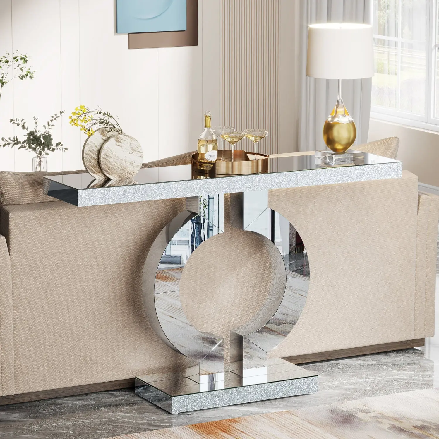 Spaco Mirrored Counter Height Console Table - 43" Glass Modern Accent Piece with O-Shaped Crystal Base, Modern Furniture, Mirrored Pedestal Table for Living Room, Foyer Entryway, Mirrored Pedestal Tables
