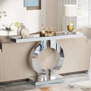 Spaco Modern Mirrored Console Table with O-Shaped Crystal Base - 43" Glass Entryway Sofa Table | Foyer Table for Living Room, Hallway & Entrance