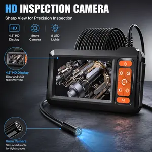 Pipe Endoscope Camera with Light, 4.3 Inch Screen, 8mm Inner Diameter, Ip67 Waterproof, 2600mah Battery, for Car, Hvac, Wall Inspection