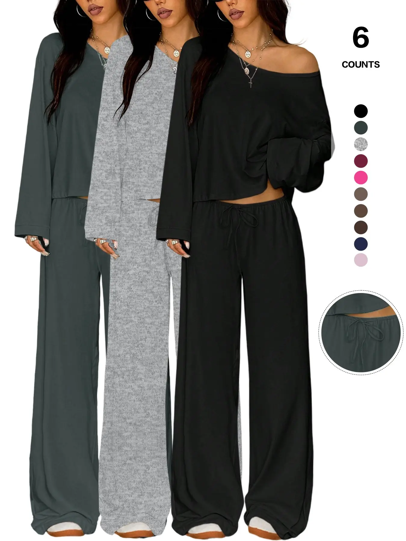 Two Piece Matching Casual Loungewear Lounge Sets for Women Pajama Set Off Shoulder Long Sleeve Sweatshirt Wide Leg Adjustable Drawstring Palazzo Pants for Fall, Vacation, Airport Pjs Nightwear, lounge sleep set, Womenswear