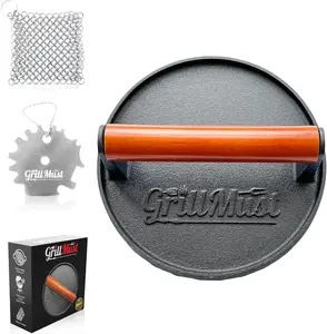 Grill Burger Press Premium Bacon Press Set: 7″ Meat Press Cast Iron for Perfectly Griddle Seared Bacon | Burger Press Cast Iron Set Includes Grill Scraper & Scrubber | Ideal Gift for Men.