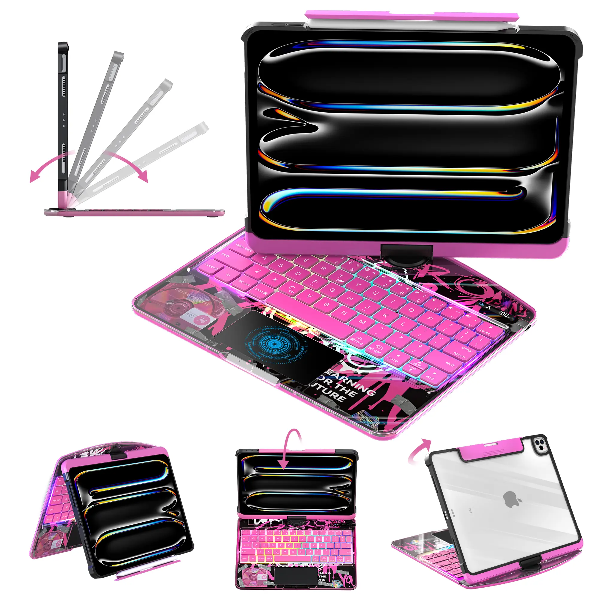 New Y2k Style Transparent Back iPadCase Compatible with Apple iPad (8.3'/10.2'/10.9'/11'/12.9'/13 inch )ipad 7-11th(A16)/ipad air(2022-2026) / ipad pro (2018-2025) and ipad mini– 360° Rotating Multi-Touch Trackpad, Pencil Holder&Type-C Charging