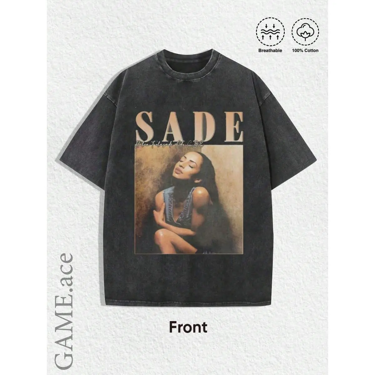 1PCS Men's Short-Sleeve Cotton Casual T-Shirt, Y2000 Swag Vintage Sade Graphic Tee - Bohemian Retro Music Band Shirt with Black & Golden Print, Regular Fit Streetwear Clothing for Festival, Spring/Summer/Fall