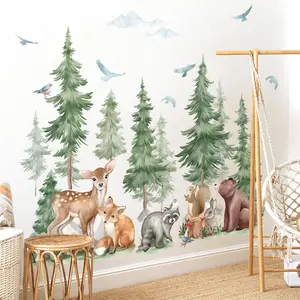 F-WPA11 Mountain Tree Wall Stickers Large Pine Tree Forest Animal Bear Fox Peel and Stick Wall Art Decals for Kids Room Baby Nursery Bedroom Decor Decoration