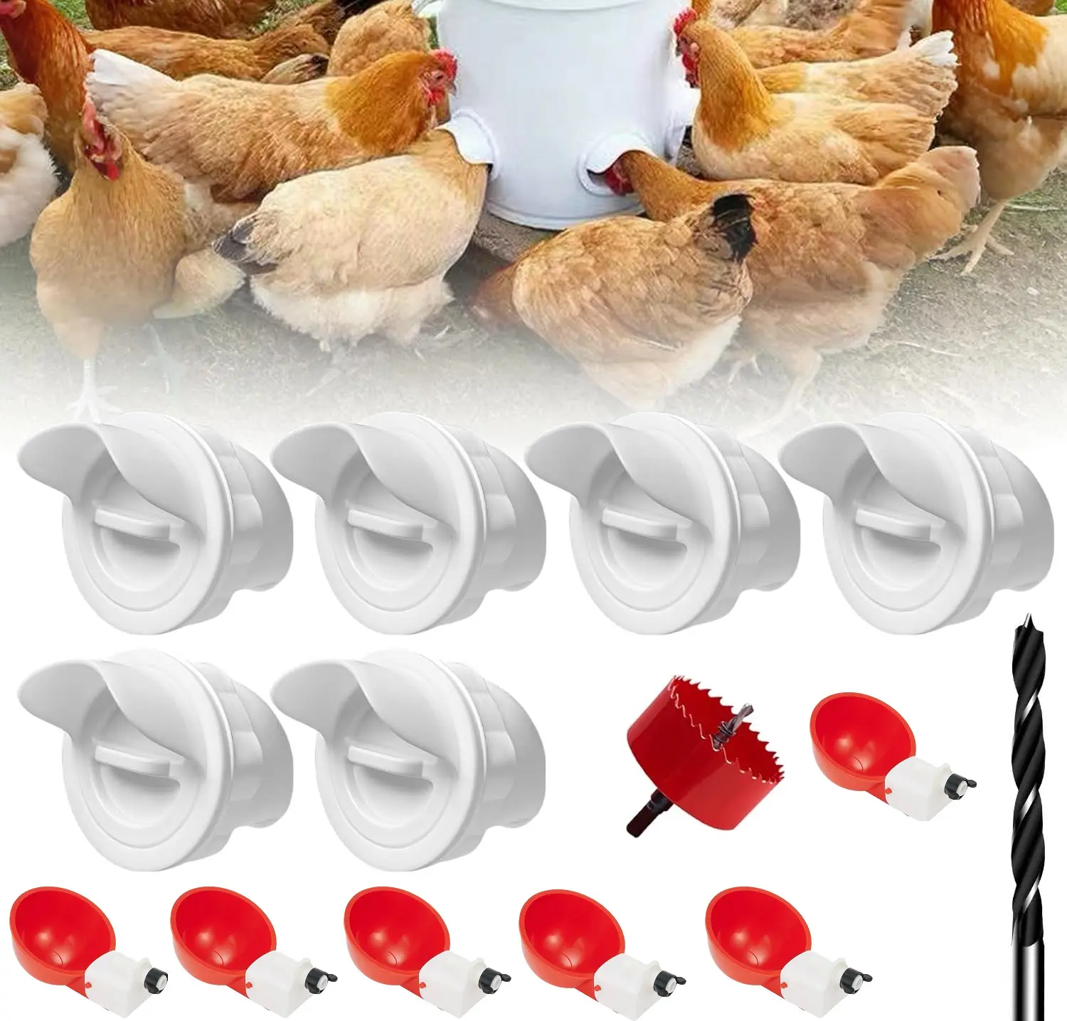Automatic Poultry Feeder & Waterer Set with Dispenser - Rainproof, 6 Feeding Ports, 6 Waterer Cups, Hole Saw, Drill Bit, No-Waste Design (Outdoor Farm Animal Pet Supplies Feeding Tool), Waterer Cup