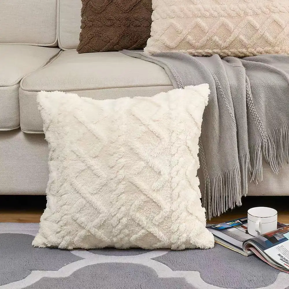 Square Plush Throw Pillow Case, 1 Count Solid Color Geometric Jacquard Cushion Cover without Filler, Home Decor for Home Living Room Sofa Bedroom