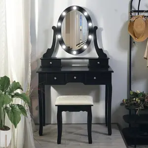 Vanity Desk with Mirror & Lights, Wood Makeup Dressing Table with Oval Mirror & Stool, Modern 5-Drawer Table for Kids, Women, Girls, Black