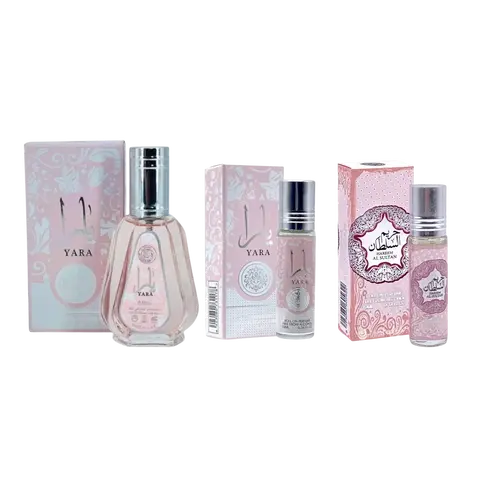 (3pc Bundle Pack) 1.7oz Yara EDP Spray + Yara + Hareem Al Sultan 10ml Perfume Oil Roll-On by Ard Al-Zaafaran