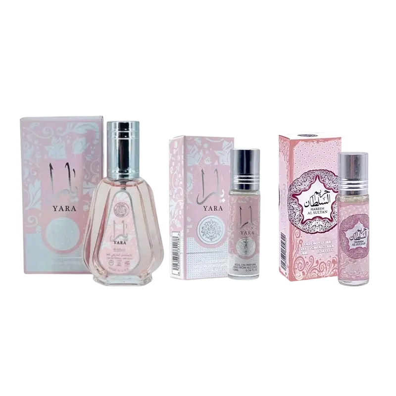 (3pc Bundle Pack) 1.7oz Yara EDP Spray + Yara + Hareem Al Sultan 10ml Perfume Oil Roll-On by Ard Al-Zaafaran