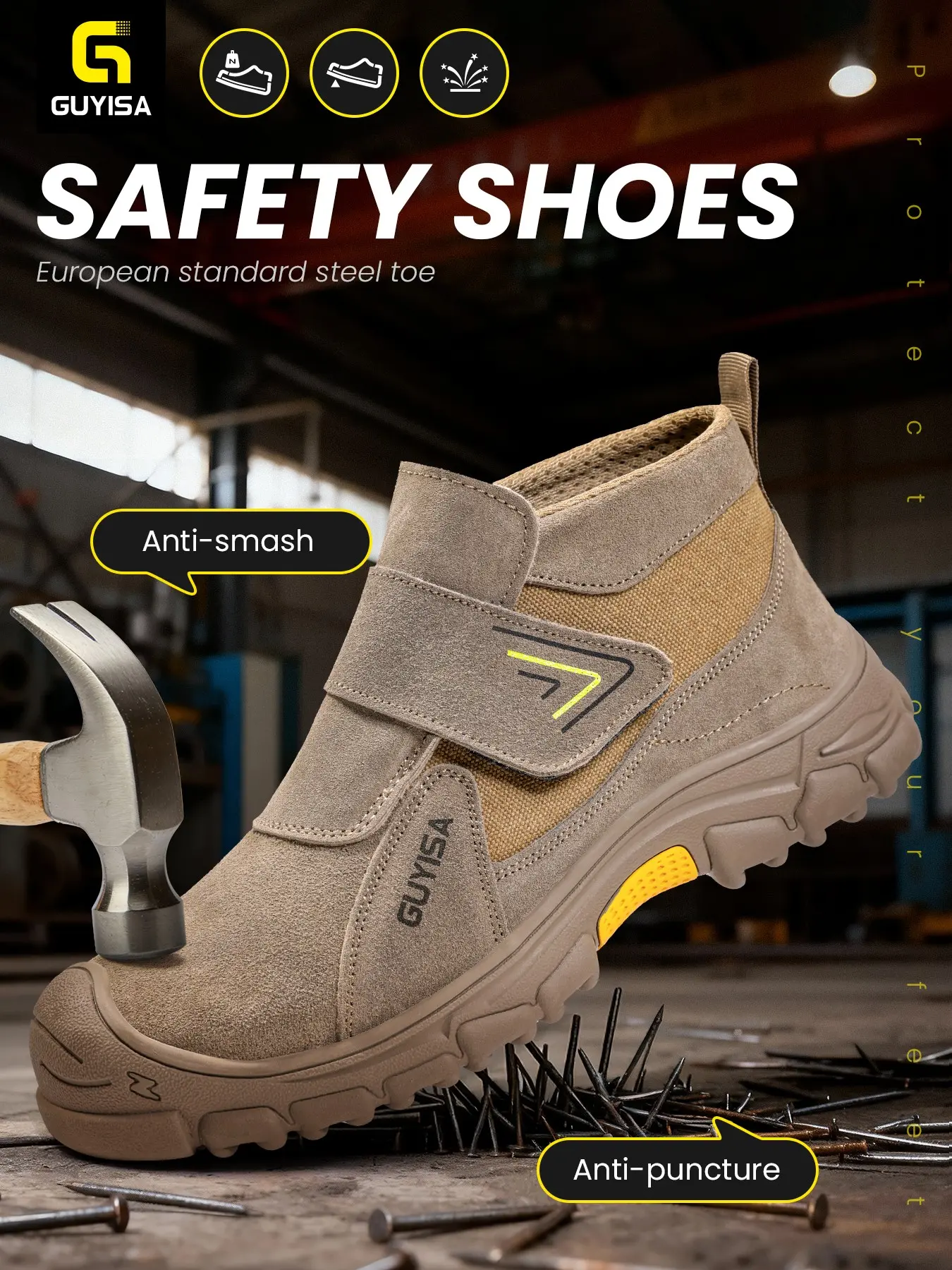 Men's Guyisa Safety Shoes Fireproof Welding Boots, Velcro Easy Wear Soft Durable Rubber Sole, Casual Work Fashion Protection Shoes, Leather Work Boots, Fashionable Work Shoes, Work Protective Shoes, Safety Footwear