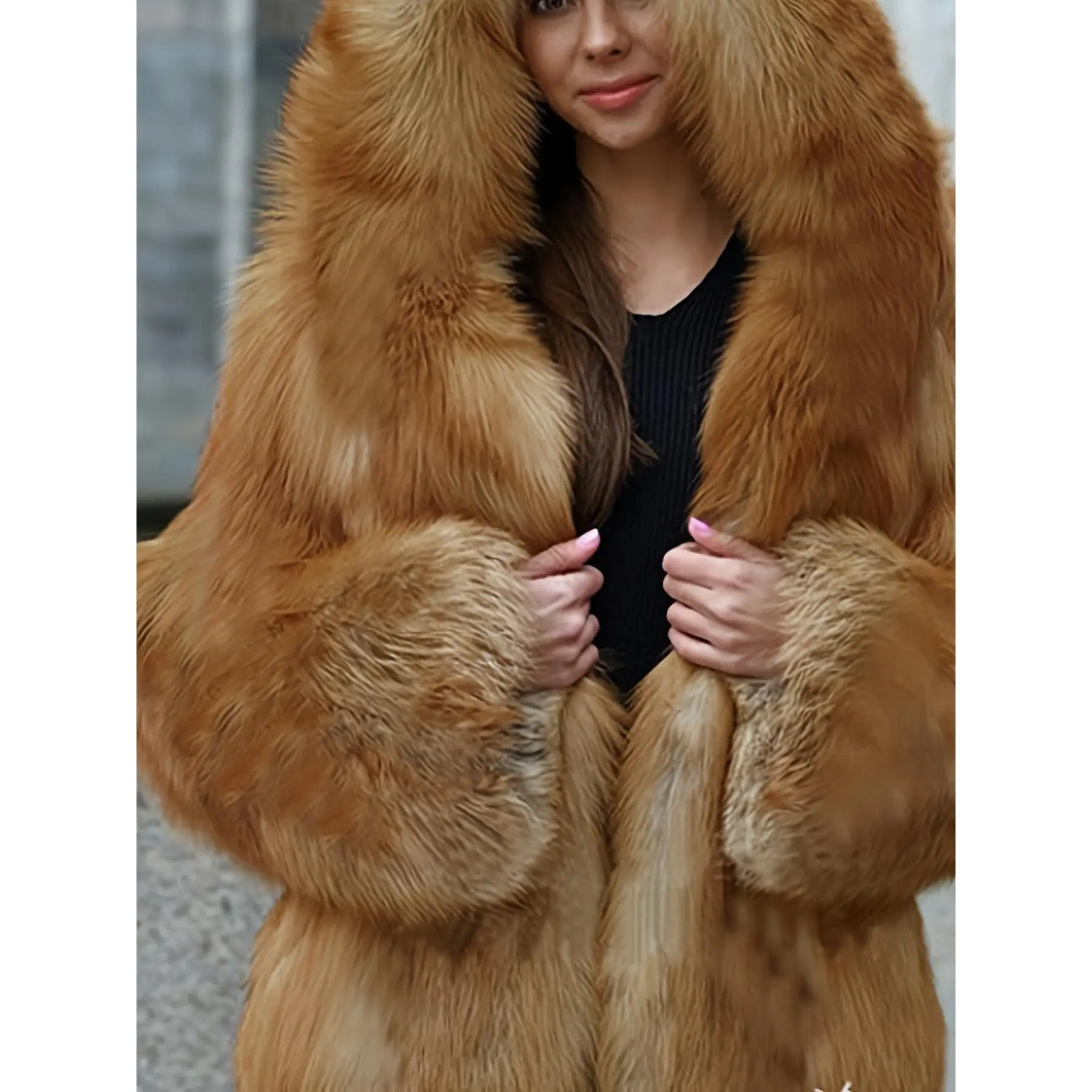 Lady's Oversized Knitting Mid-Length Polyester Hooded Coat - Casual Outerwear with Pockets, Multiple Sizes S-XL, for Fall & Winter