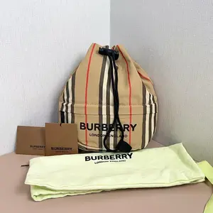 Pre-owned BURBBERY Canvas Shoulder Bags Burberry Phoebe Heritage Stripe Beige Eco Nylon Drawstring Bucket Bag qiqicj6727