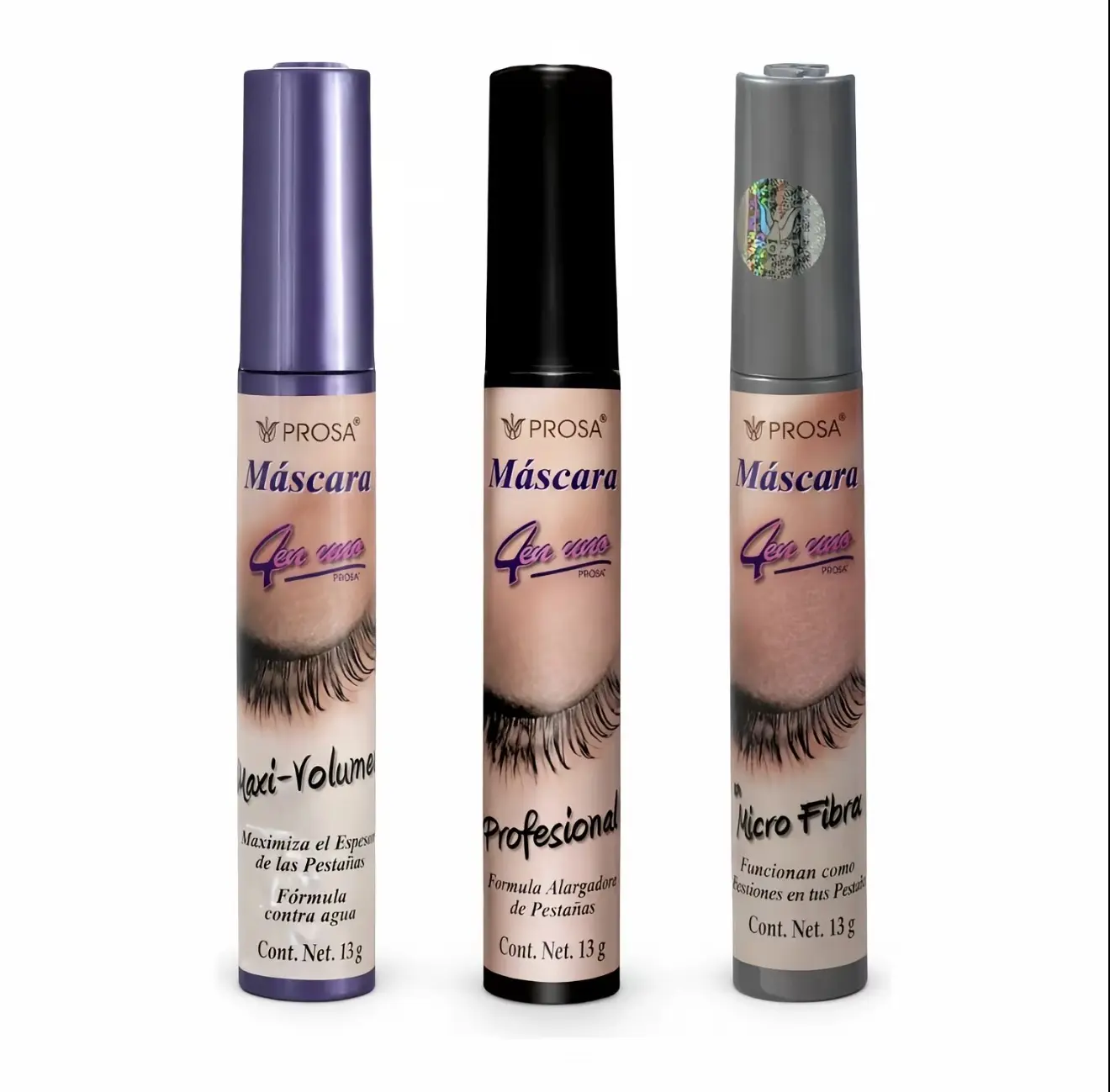 3 Pack Prosa 4 in 1 Mascara Maxi Volume, Professional Black, Micro Fiber Cosmetic Mascara