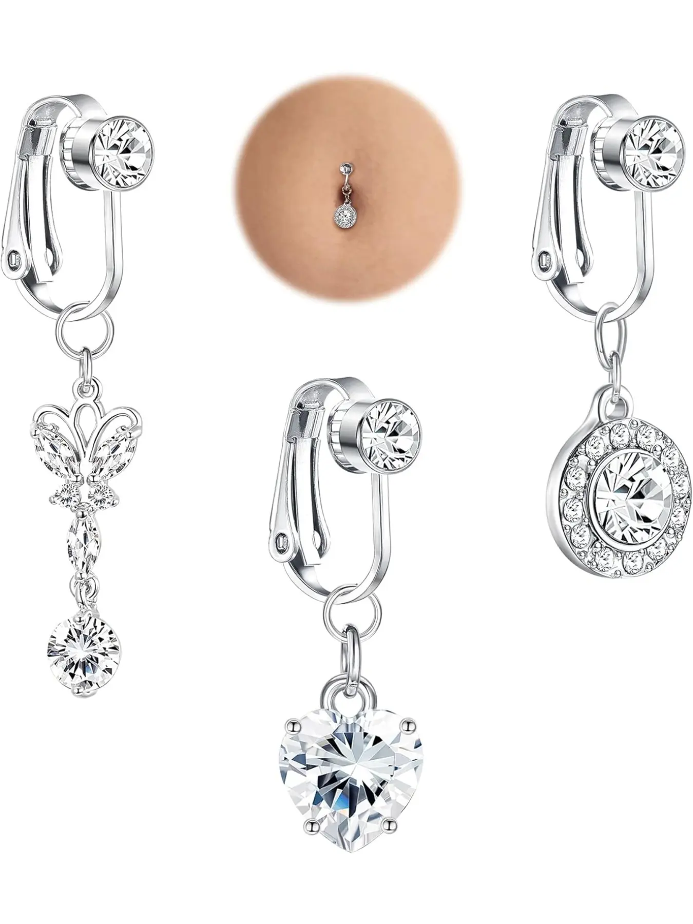 Fake Belly Ring Clip on Belly Button Rings Fake Belly Surgical Steel Fake Belly Button Ring for Women CZ Butterfly Heart Belly Piercing Fake Navel Ring Non Piercing Jewelry Body Jewellery 3/6 Pcs Belly Chain