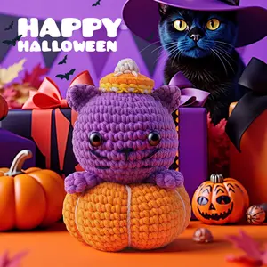2026 handmade cute gift new halloween pumpkin kitten crochet material package novice knitting DIY wool ball