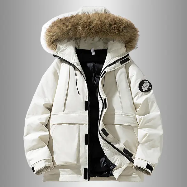 Men's Minimalist Thermal-Lined Down Coat - Menswear Long Sleeve Outdoor Winter Parka with Large Fur-Lined Neck, Multi-Function Warm Top for Christmas, Casual Wear