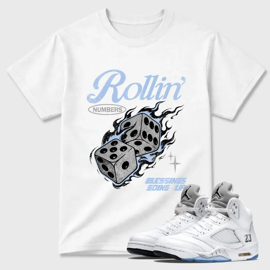 Metallic 5 Inspired Shirt, White Metallic 5 Outfit, White Silver Sneaker Outfit Tee, Casual Streetwear For Men Women