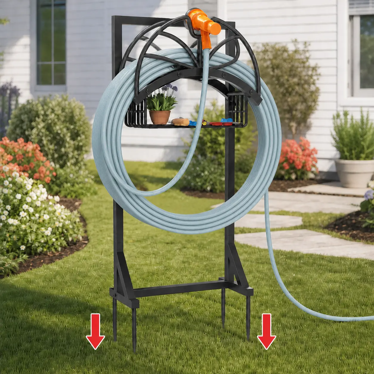 Garden Hose Holder, Freestanding Heavy Duty Water Hose Holder for Outside, Upgraded Metal Hose Stand with 4 Spikes, Detachable Garden Hose Storage Hose Reel Rack, Black,dorm essentials,home decor