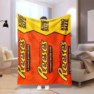 Reese's Peanut Butter Cups King Size Flannel Blanket, Reese's Chocolate Wrapper Throw, Reese's 4 Peanut Butter Cups Candy Design, Soft Cozy Fleece Blanket, Warm Throw for Couch Bed, Gift for Reese's Fans