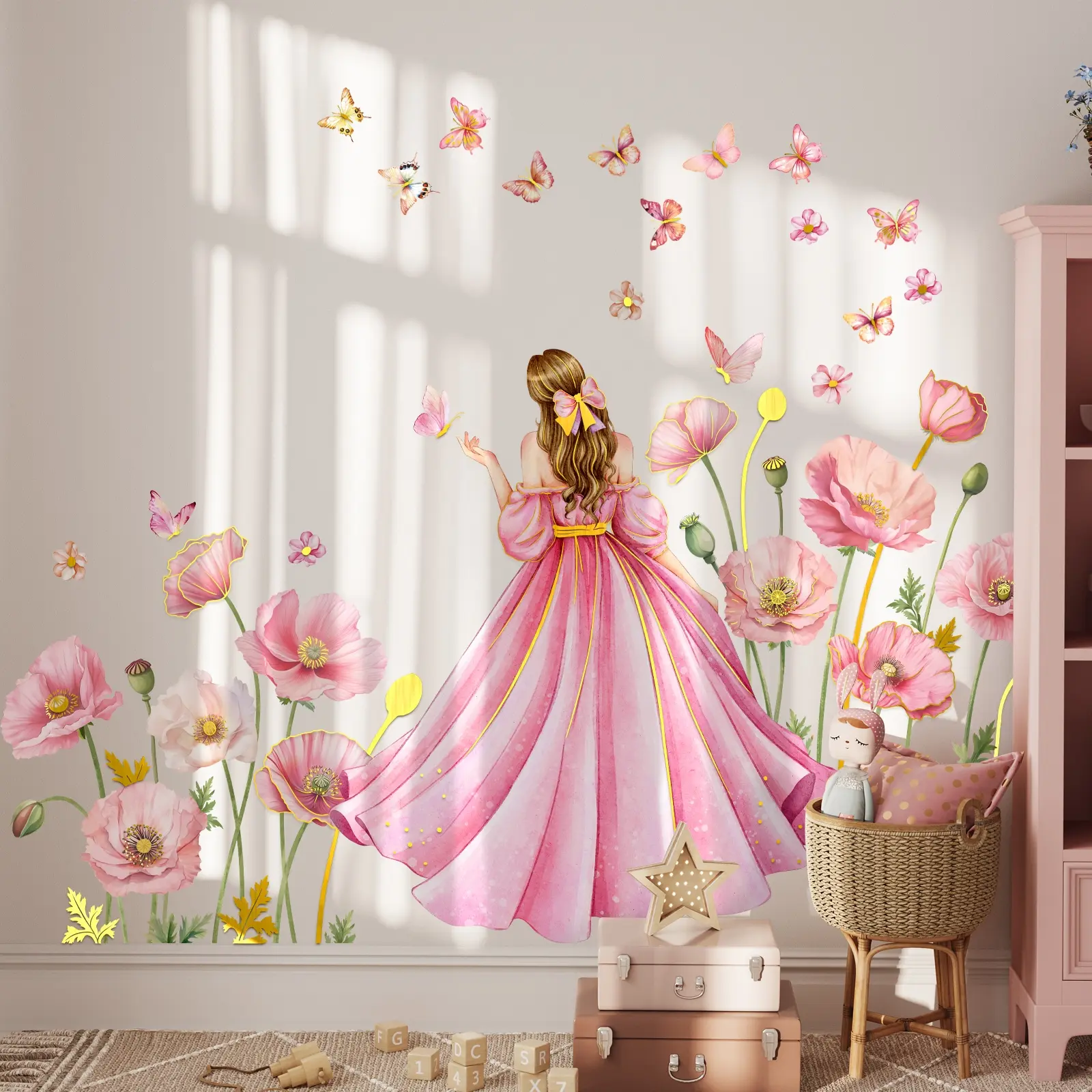 2D flat, a set of two (30*90cm*2pcs) gold-edged girl's back pink floral butterfly gold stamping Wall Art Stickers, Flowers, Floral wall decals, decorative stickers for living room, bedroom, Girl Room Accessories, self-adhesive Decoration Sticker