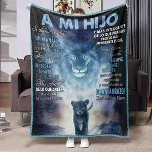 Lion & Letter Animal Motif Flannel Blanket - 1 Count Polyester Cozy Warm Blanket, Fluffy Warmth Throw for Bedroom, Home Office, Flannel Blankets
