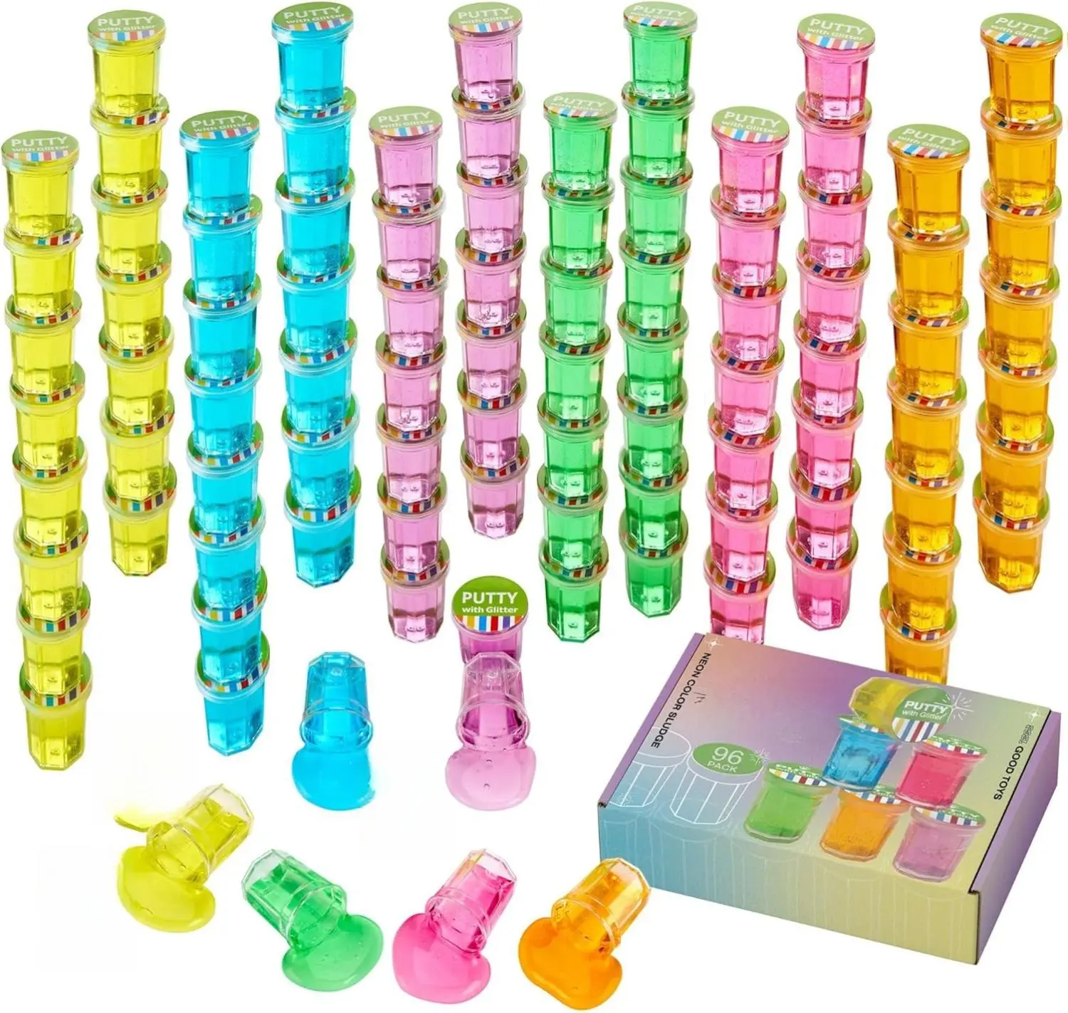 Mini Putty with Glitter - 96 Pack Neon Color Sludge - Educational Fidget Toy - Stress Relief, Party Favors