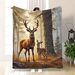 French Style Deer Forest Flannel Throw Blanket - Soft Cozy All-Season Bedspread Sofa, Bed, Or Outdoor |   Deer & Woodland Scene Bed Covering,, Camping, Guest Room Decor - Deer Pattern