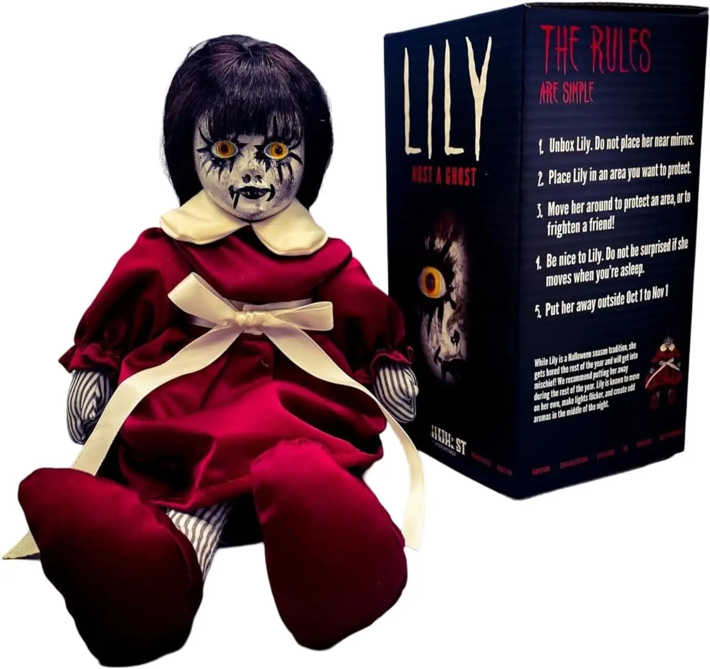 13" Lily Host a Creepy Haunted Protection Doll with Red Eyes, Long Black Hair, Crimson Accents, Bean Bag Filling - Halloween Decor, True Crime Collectibles for Hunters, Victorian Look