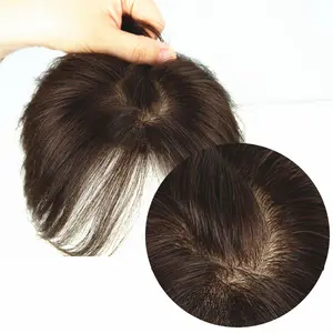 Short Human Hair Topper Light Small Clip in Hair Bangs for Women and Men 6 inches Middle Part Straight Hairpieces for Mild Hair Loss Volume