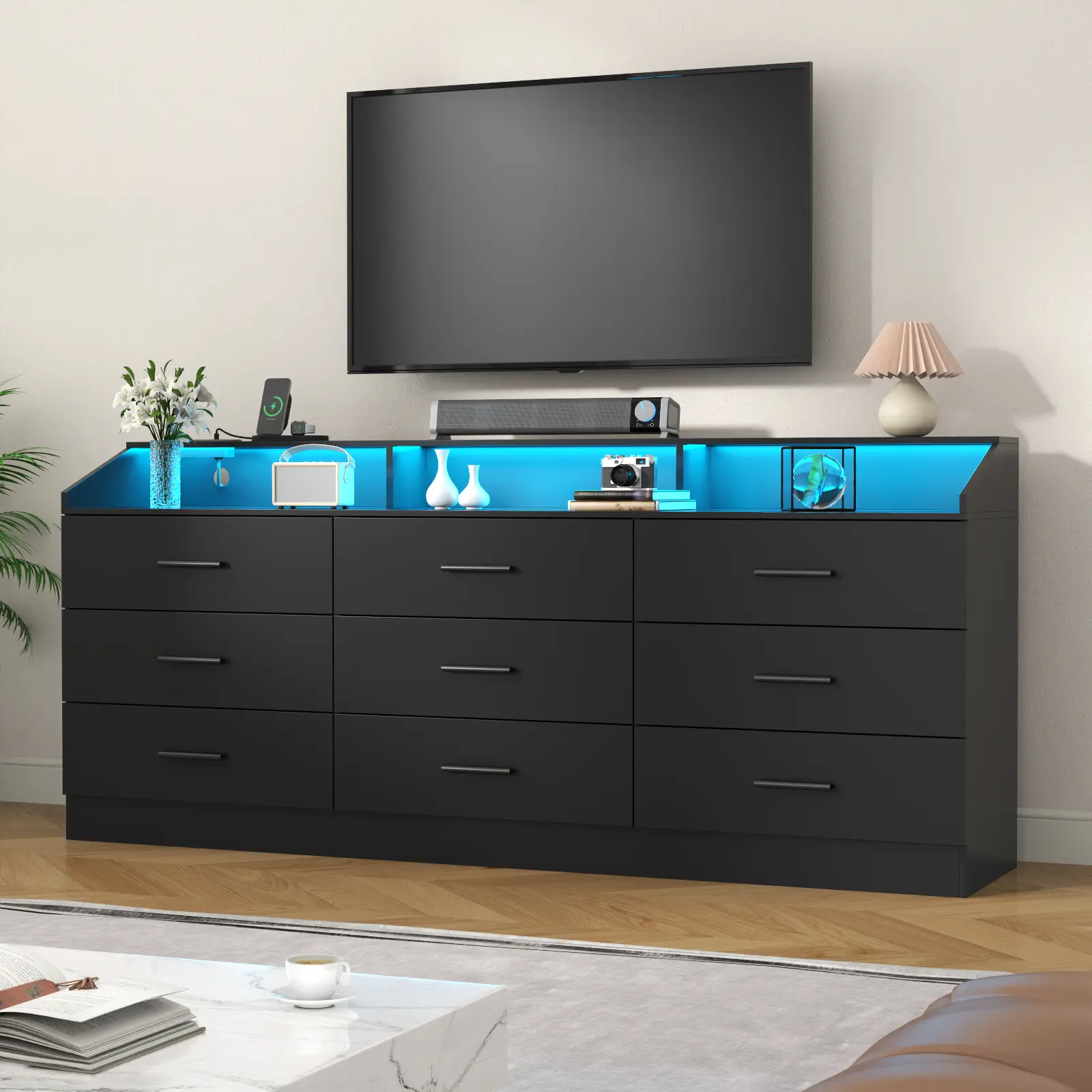 Gyfimoie 9 Drawers Dresser for Bedroom with Power Outlet and LED Light, Modern Dresser with Open Storage Cubby, Double Wide Dresser Organizer for Living Room cicada  drawer bedroom dresser nursery  dresser living room drawer  Cabinet
