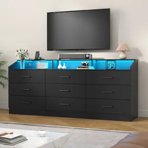 9 Drawers Dresser for Bedroom with Power Outlet and LED Light, Modern Dresser with Open Storage Cubby, Double Wide Dresser Organizer for Living Room cicada  drawer bedroom dresser nursery  dresser living room drawer  Cabinet