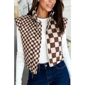 Checkerboard Zip Up Snap Button Puffer Vest