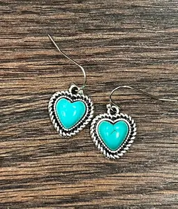 Heart Synthetic Turquoise Earrings Dainty Lightweight 9mm Heart Shape Antique Silver Alloy Finish Nickel Free Jewelry