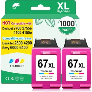 67XL Color Ink Cartridges for  67 Color Ink  for Deskjet 2800e 2855e 2827e 2842e 2852e 2700 2755e 2742e 4255e 4227e Envy 6455e 6055e 6000 for HP67 Tricolor  (2 Pack)
