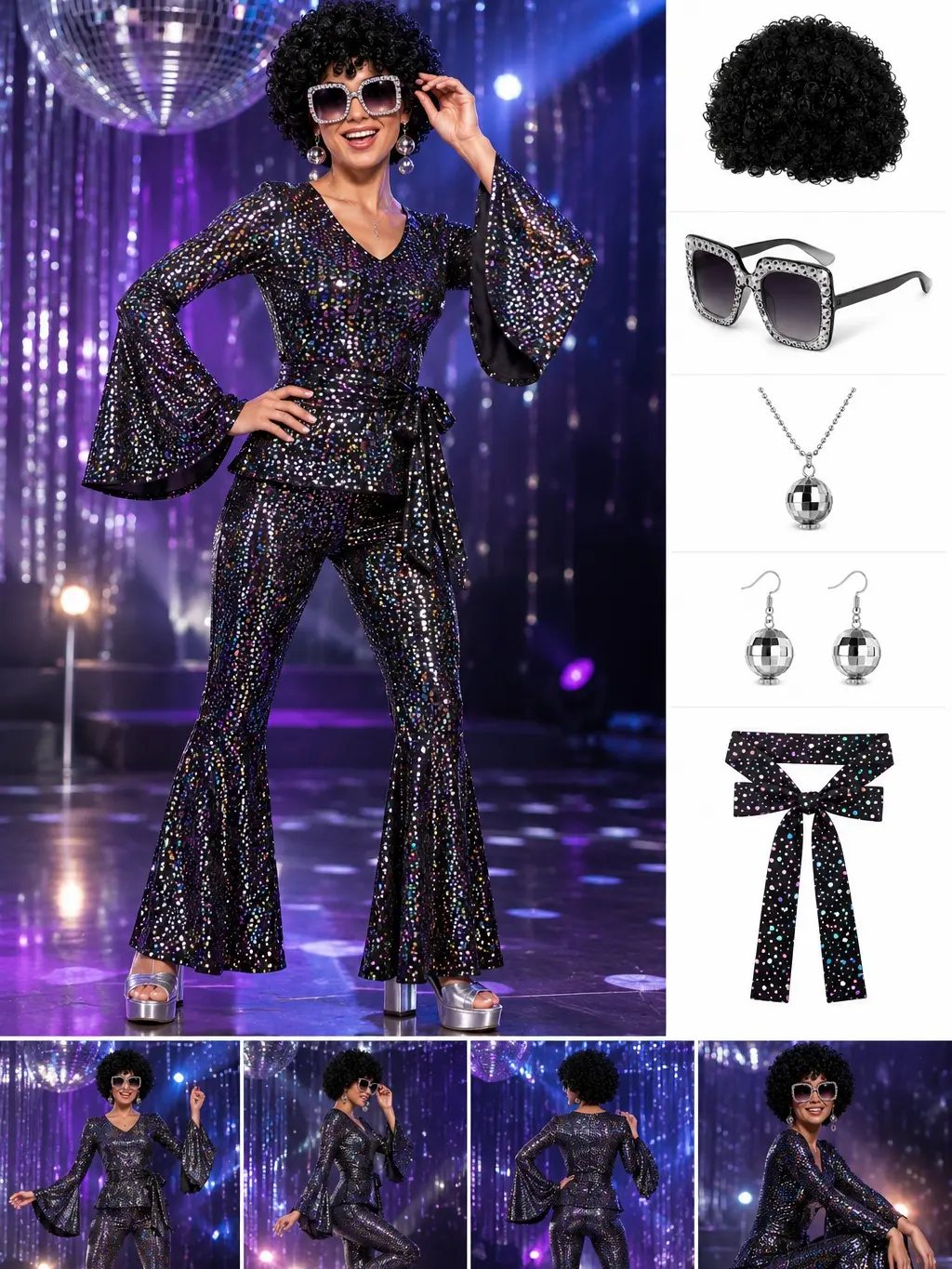 Women's 7-Piece Themed Costume Set - 70S-80S Disco, Hip-Hop, Rock, Opera Styles, Ideal for Halloween, Stage Performances
