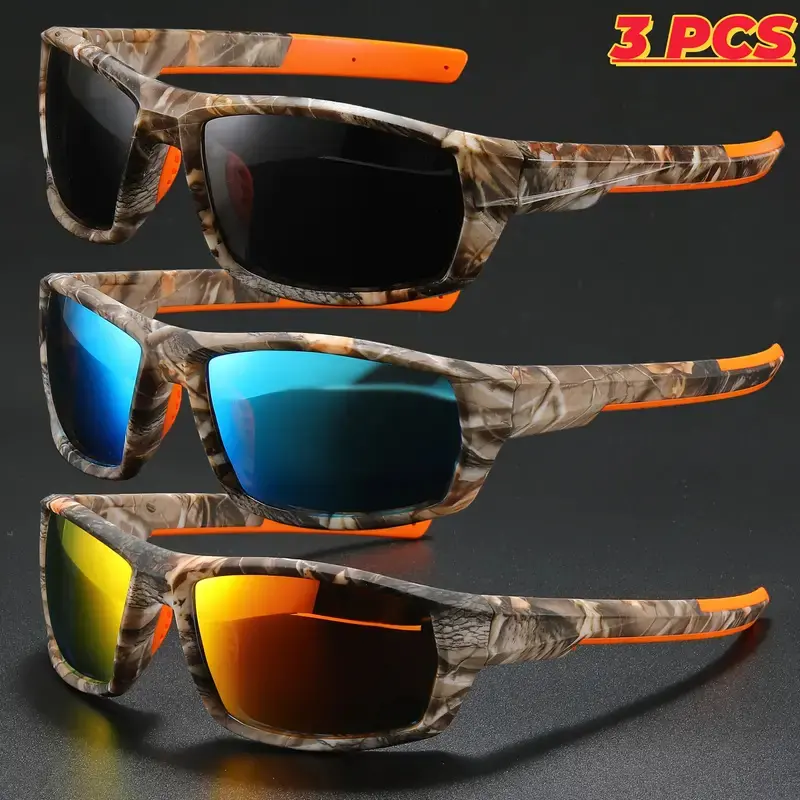 Unisex Polarized Tactical Sport Sunglasses (3-Pcs Set) - Square Camouflage Frame Shades, 3-Lens Non-Prescription Glasses, Square-Faced Non-Prescription Glasses, UV Protection, Glare Reduction, Secure Durable Fit, Ideal for Cycling, Fishing