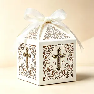 European Style Scroll Cross Candy Box, Embossed Ribbon, Wedding/baptism/eucharist/Party Gift Packaging Box, Elegant Design