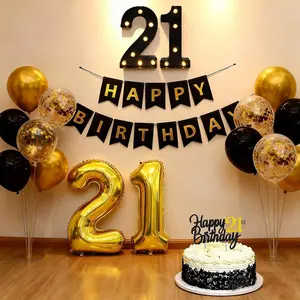 21st Birthday Decorations Kit | LED Marquee Light, Black Gold Party Banner, Balloons