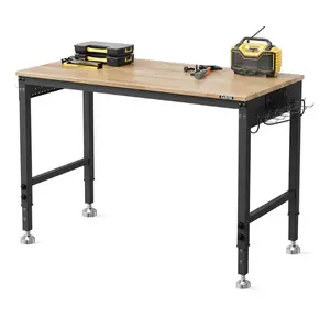 48" Adjustable Workbench with Power Outlets, Heavy Duty Rubber Wood & Steel Work Table with Four Leveling Feet, Work Bench for Garage, Workshop, or Home, Natural