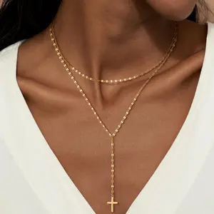 Tewiky Lariat Lip Chain  Necklace&Earringsfor Women, Dainty Long Necklace Gold Y-Shaped Cross Pendant Necklace Trendy Layered Cz Beaded Chain Drop Necklaces Simple Gold Jewelry Set For Women Gift