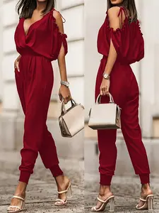 Summer New V Neck Beach Vacation Casual Fitted Ruffled Shoulder Tie Back Women's Jumpsuit, Lady, Stylish, Feminine and Comfortable One-Piece Womenswear