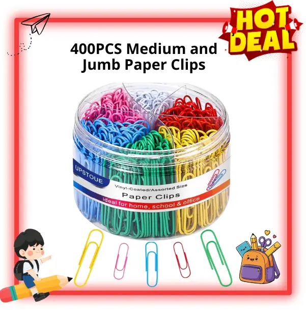400 Count Colorful Paper Clips Set, Medium & Jumbo Sizes, Durable Rust-Resistant Coated Paperclips, Back to School Supplies for Office, School & Document Organization