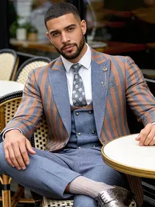 Men's Striped Suit Three-Piece Set, Prom Suit, Business Formal Wear, Slim Fit, Party Style, Essential for Events, No Tie Included