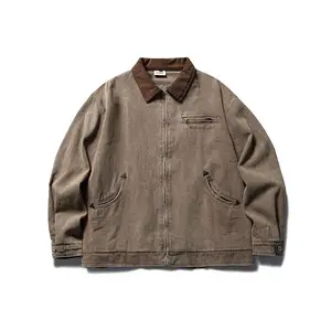 Vintage Washed Letter Embroidered Denim Jacket, Unisex Loose Fit, Workwear Coat Clothes Menswear Tops Gamis Beige Black Casual Long Sleeve
