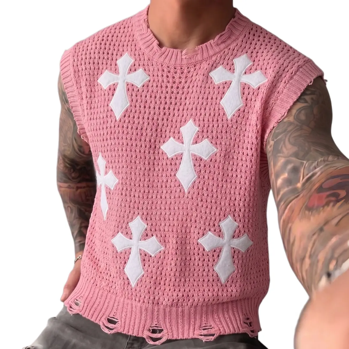 Grandclad Men's Y2K Cross Distressed Knit Sweater Vest Oversized Gothic Streetwear Sleeveless Pullover Grunge Punk Aesthetic Unisex Top