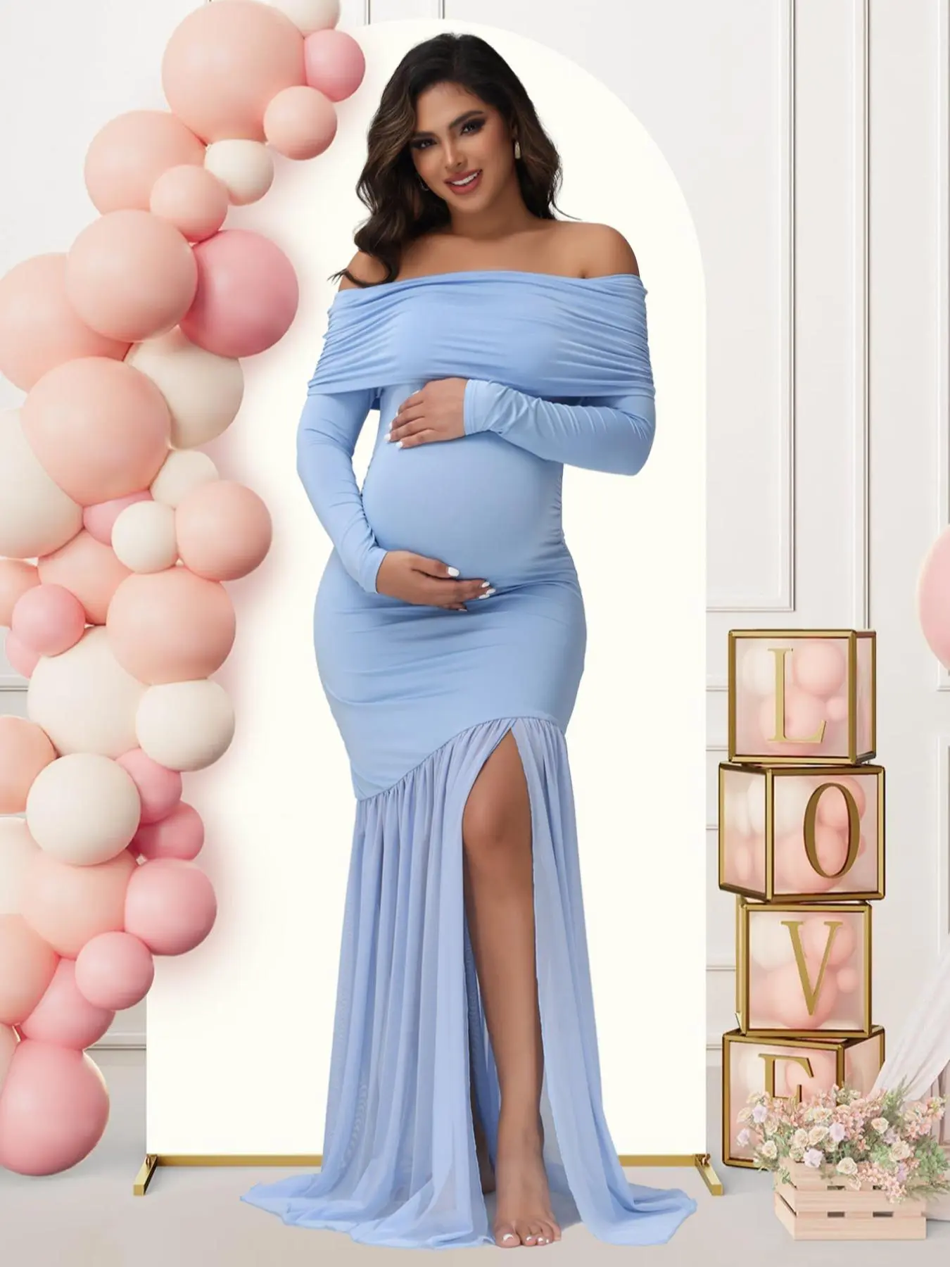 Maternity Off Shoulder Split Hem Dress, Solid Color Long Sleeve Maternity Dress for Baby Shower Party, Maternity Clothes for Summer, Maternity Clothing, Maternity Apparel, Pregnancy Clothes